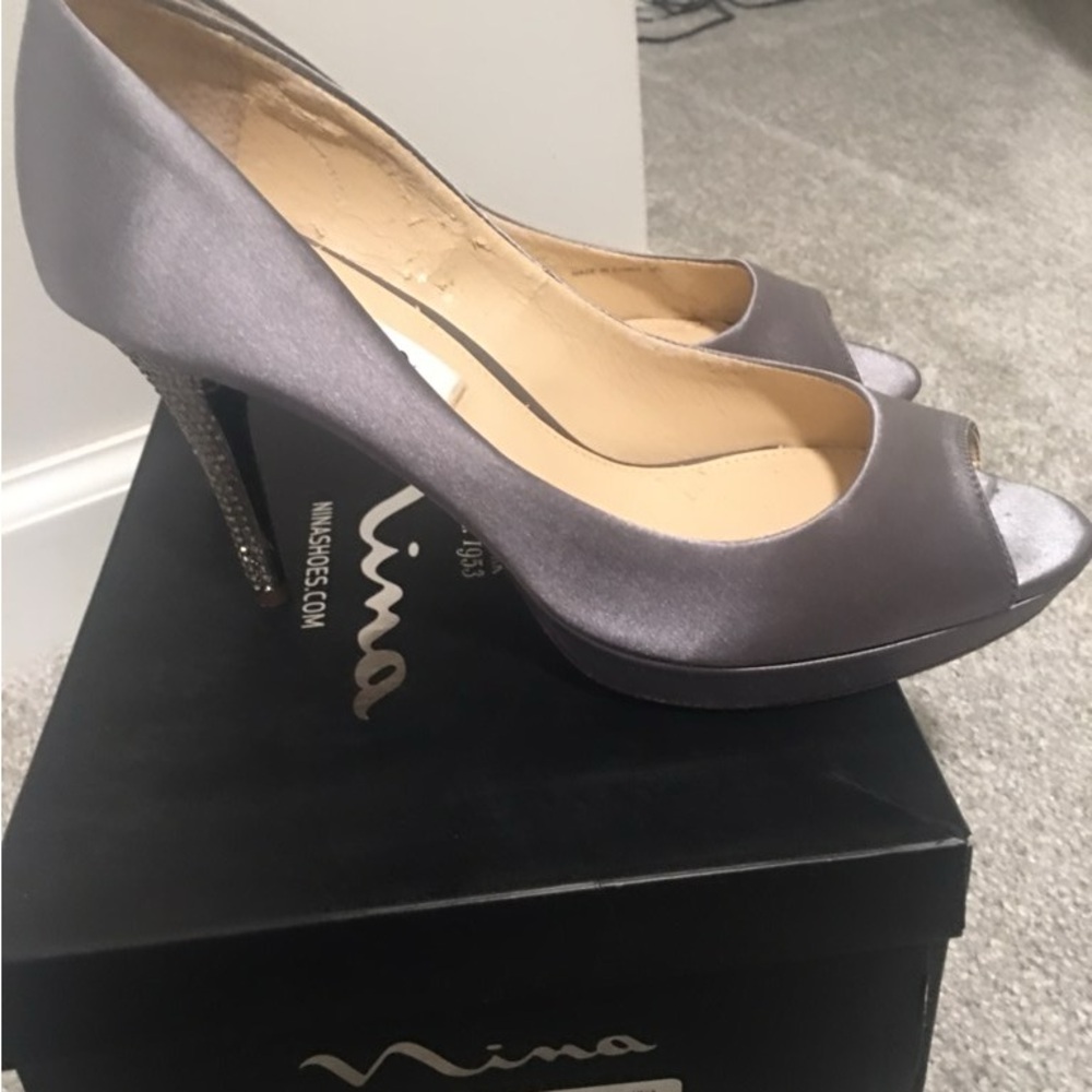 Nina Silver Satin Open-Toe Stiletto Heels with Embellished Heel